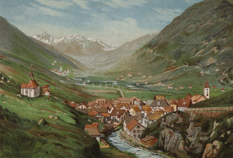 Luzern-søen: Andermatt (farvelitografi) af European School