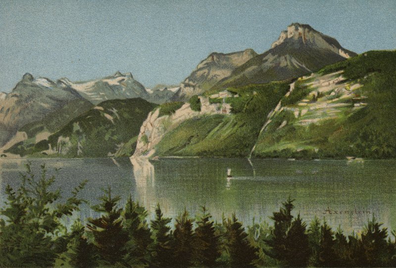 Lucerne-søen: Axenstein (farvelitografi) af European School