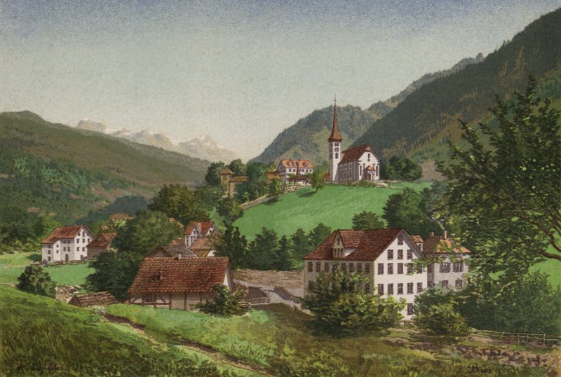 Vierwaldstättersee: Burglen (farve litho) af European School