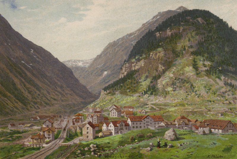 Vierwaldstättersee: Goschenen (farve litho) af European School