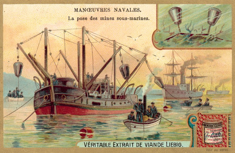 Udlægning af undervandsminer (chromolitho) af European School