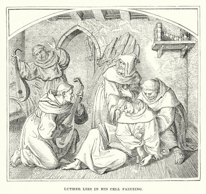 Luther ligger i sin celle og besvimer (gravering) af European School