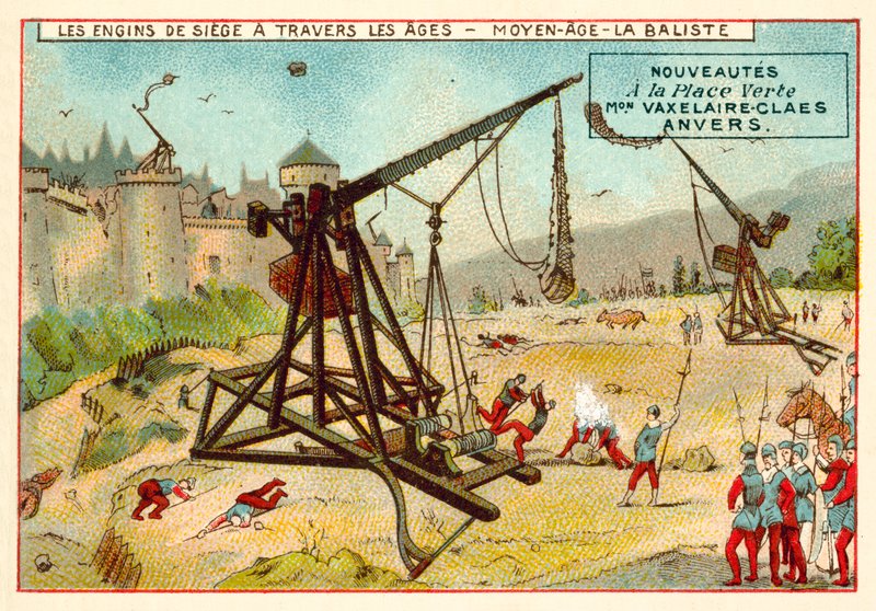 Middelalderlig trebuchet (chromolitho) af European School
