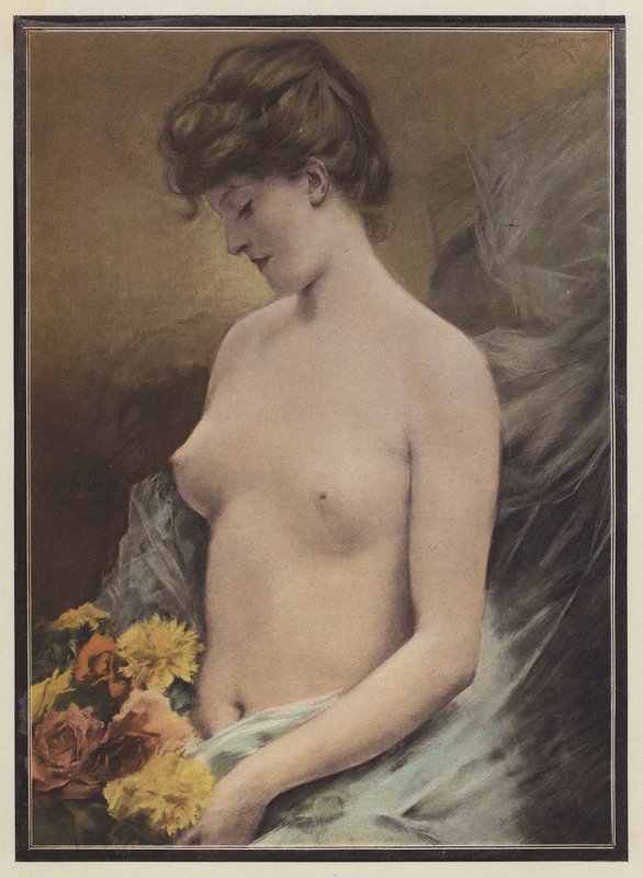 Nøgen kvinde med blomster (farve litho) af European School