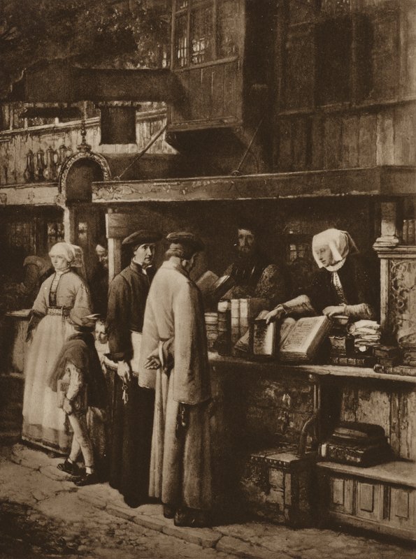 Scene i en boghandel (litho) af European School