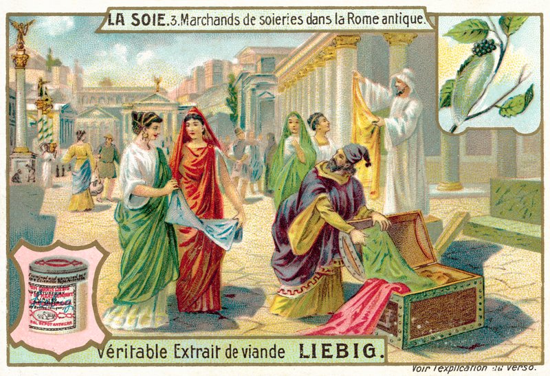 Silkehandlere i det antikke Rom (chromolitho) af European School