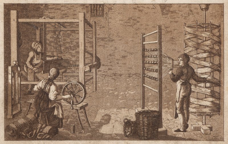 Spinning og vævning (litho) af European School