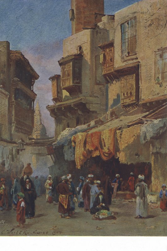 Gadescene fra Cairo, Egypten (farvelitografi) af European School