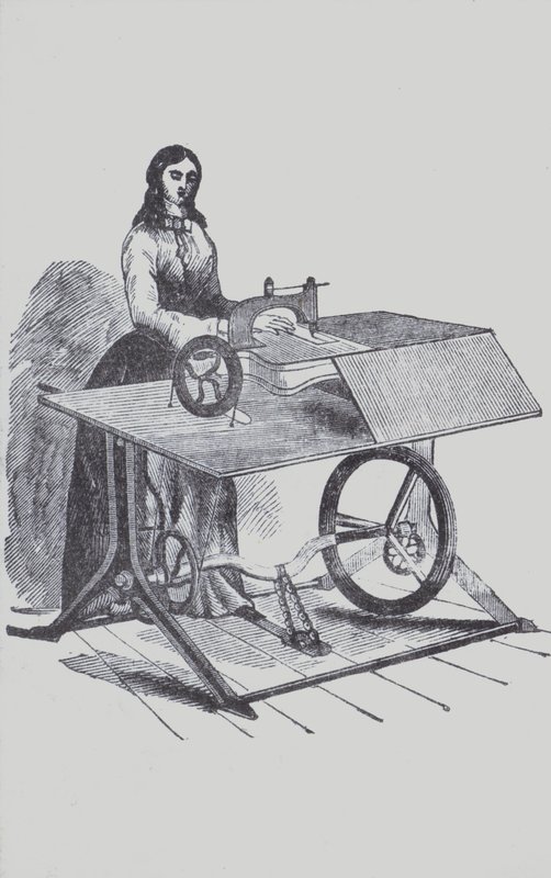 Kvinde, der bruger en symaskine (litho) af European School