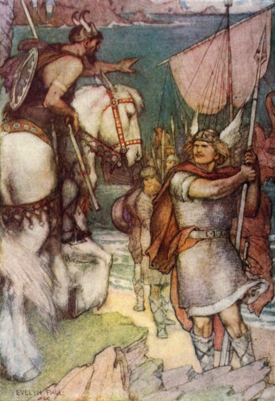 Vagtmesteren udfordrer Beowulf (farve litho) af Evelyn Paul