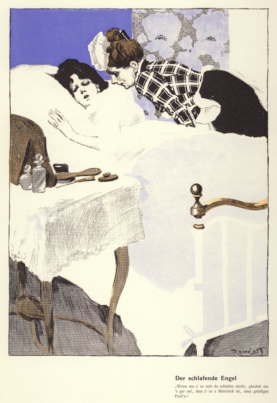 Den sovende engel (farve litho) af Ferdinand von Reznicek