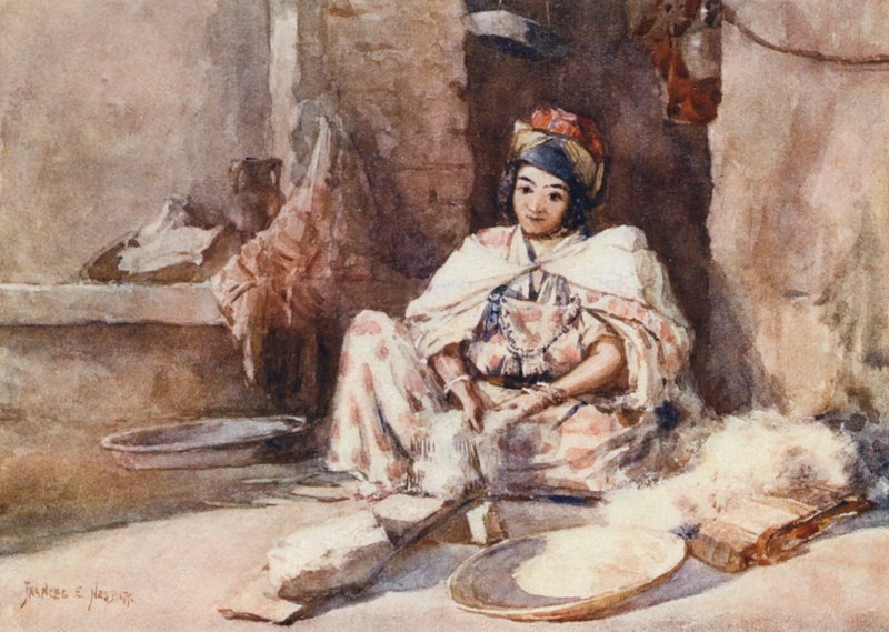 Kardning af uld (farvelitografi) af Frances Nesbitt