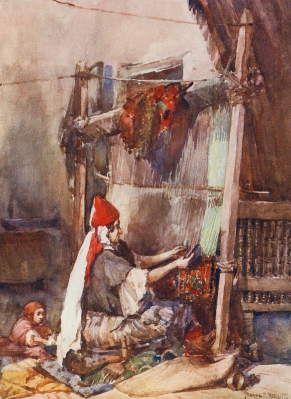Tæppefremstilling (farvelitografi) af Frances Nesbitt