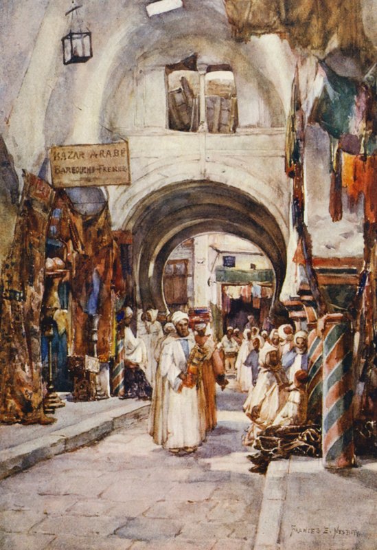 Souk des Etoffes, Tunis (farvelitografi) af Frances Nesbitt