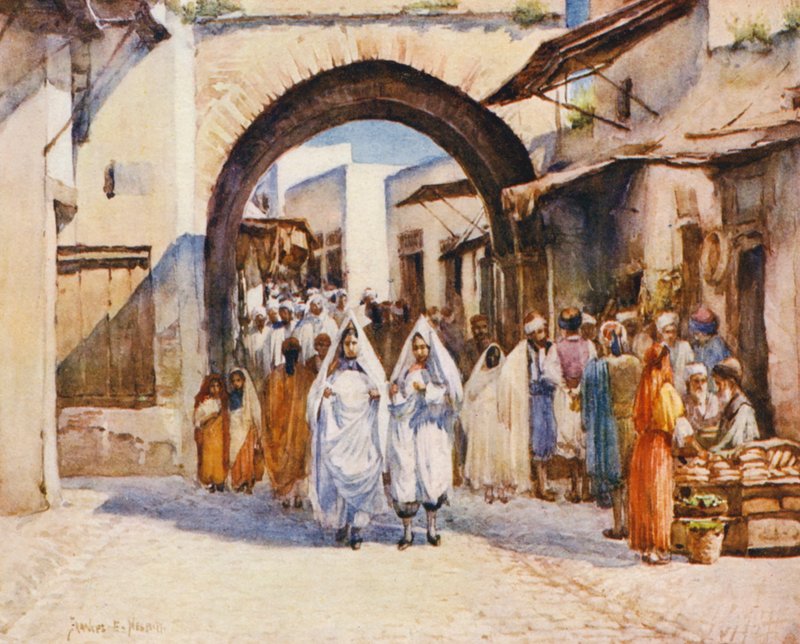 Souk el Hout, Tunis (farvelitografi) af Frances Nesbitt