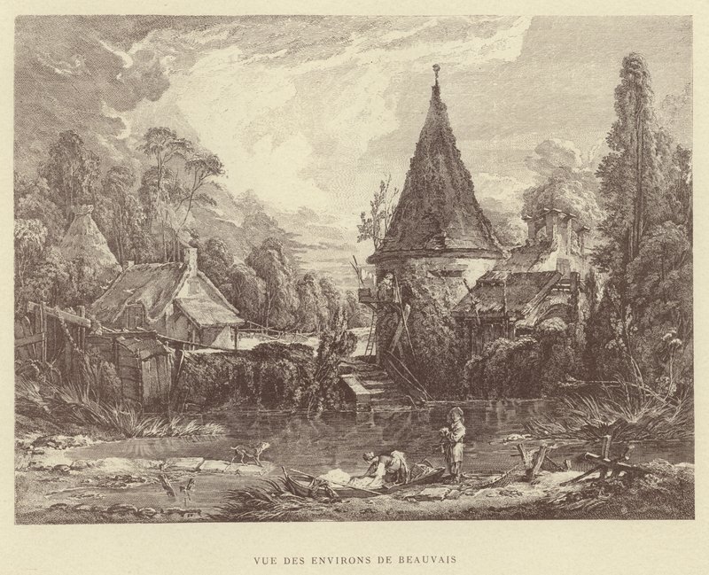 Udsigt over omgivelserne i Beauvais (gravering) af Francois (after) Boucher