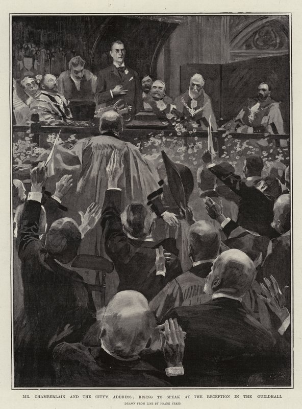 Hr. Chamberlain og byens tale, der rejser sig for at tale ved receptionen i Guildhall af Frank Craig