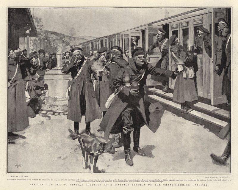 Servering af te til russiske soldater på en Wayside Station på den transsibiriske jernbane af Frank Craig