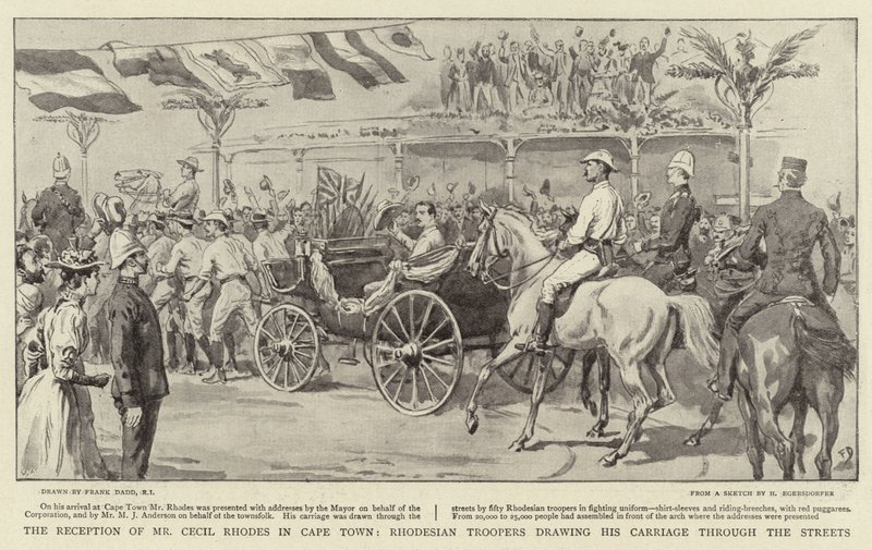 Receptionen af Mr. Cecil Rhodes i Cape Town, Rhodesian Troopers trækker sin vogn gennem gaderne af Frank Dadd