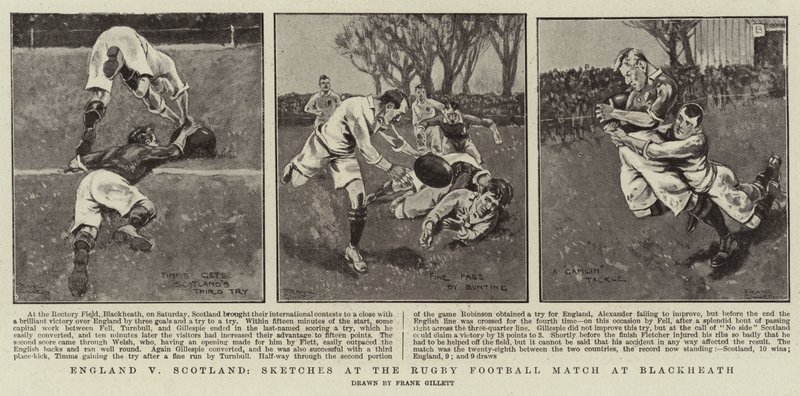 England mod Skotland, skitser ved Rugby Football Match i Blackheath af Frank Gillett