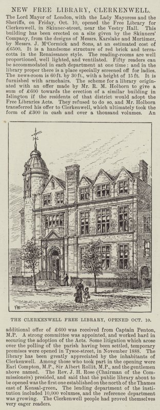 Clerkenwell Free Library, åbnede 10. oktober af Frank Watkins