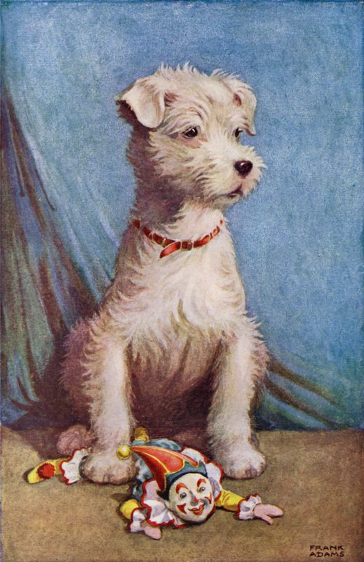 Hund med en legetøjsklovn (farve litho) af Frank Adams