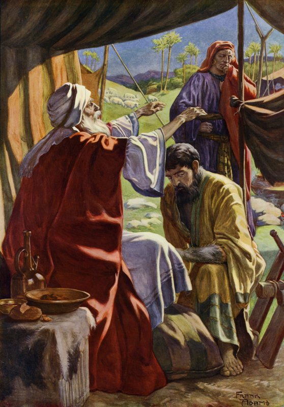 Jacob opnår velsignelsen (farve litho) af Frank Adams