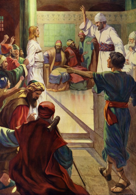 Jesus før Kaifas (farve litho) af Frank Adams