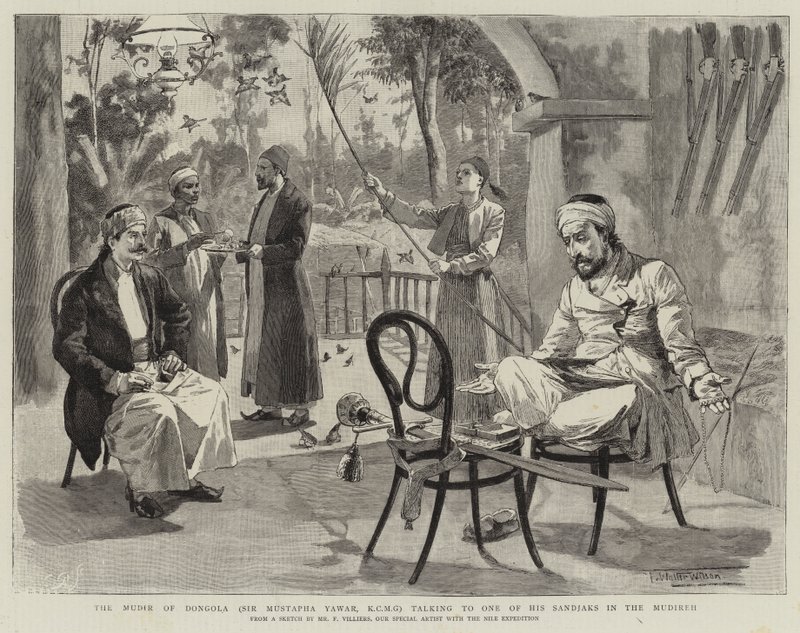 Mudiren fra Dongola (Sir Mustapha Yawar, KCMG) taler med en af sine Sandjaks i Mudireh af Frederic Villiers