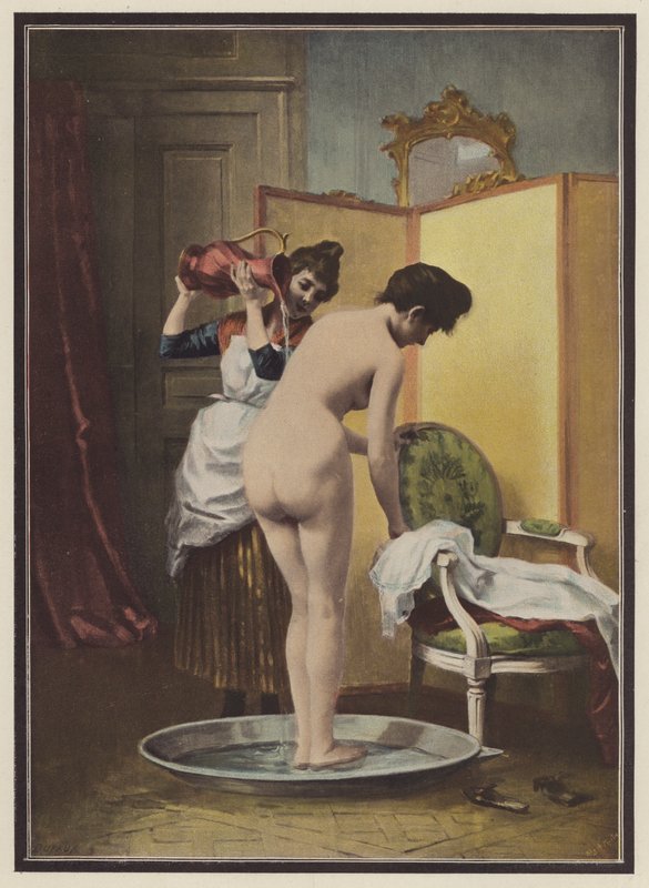 Kvinde ved sit toilet (farve litho) af Frederic Dufaux