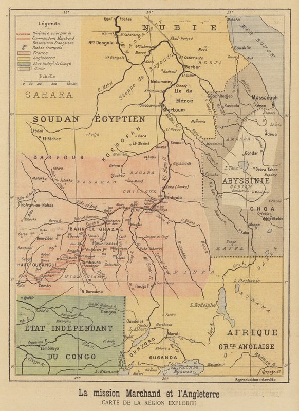 Kort over regionen i Afrika udforsket af Marchand-ekspeditionen af French School