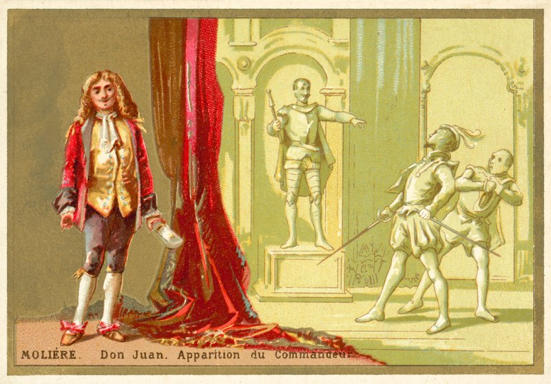 Moliere, fransk dramatiker, og en scene fra hans skuespil Don Juan af French School