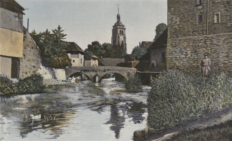 Arbois, Kirke og bro over Cuisance af French Photographer