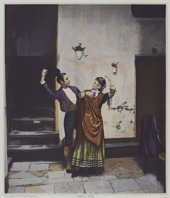 Spanske dansere i Sevilla (farve litho) af French Photographer