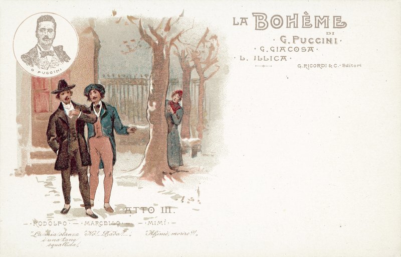 Tredje akt, La Boheme (farve litho) af French School