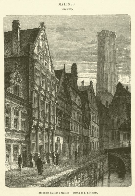 Gamle huse i Mechelen (gravering) af French School