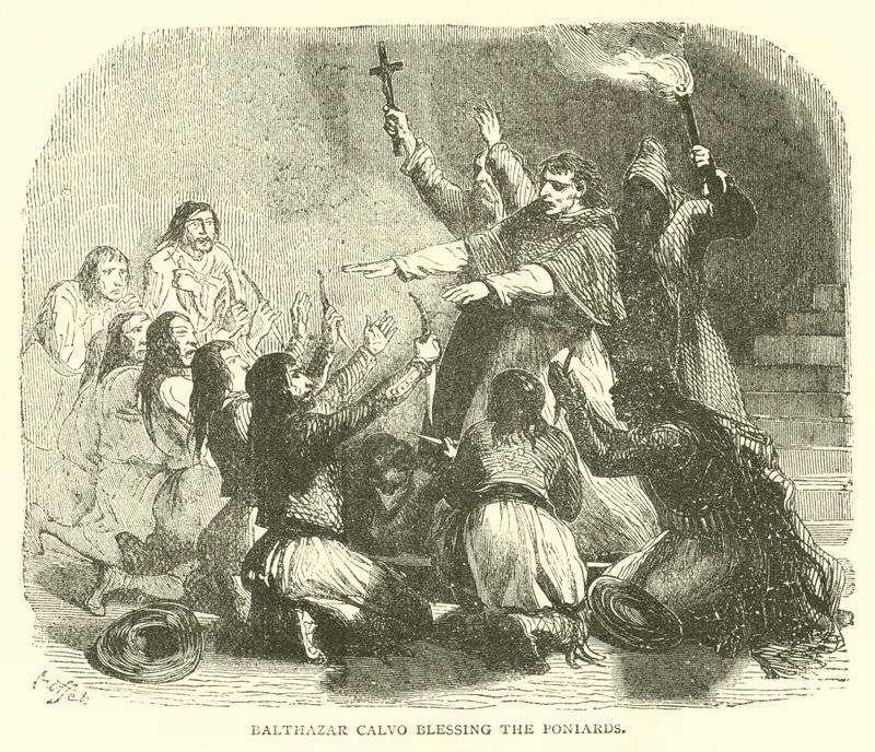 Balthazar calvo velsigner poniarderne (gravering) af French School