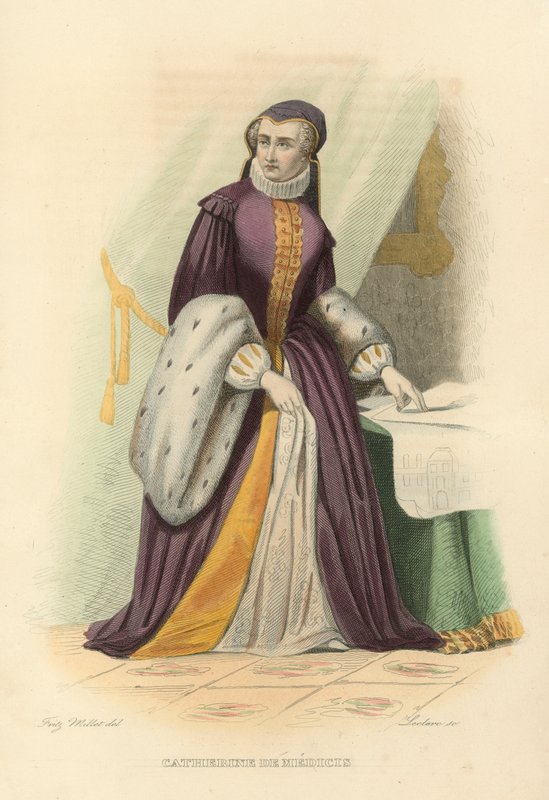 Catherine de Medicis (farvet gravering) af French School