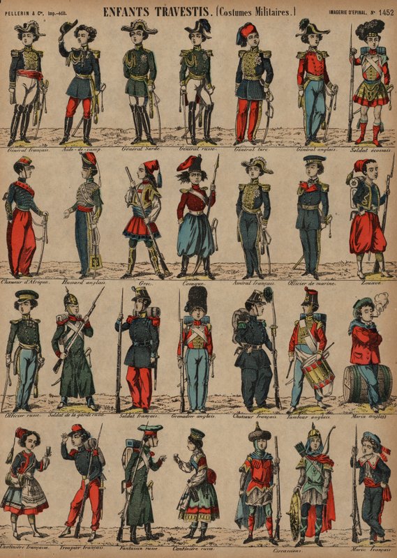 Børns militærkostumer (farvet indgravering) af French School