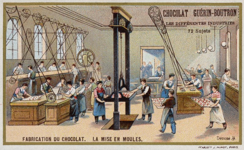 Chokoladefremstilling. Kom chokolade i forme (chromolitho) af French School