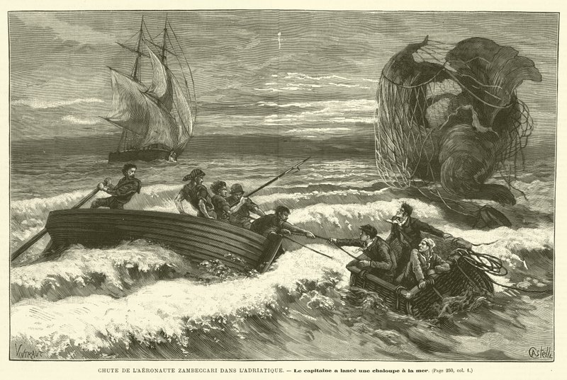 Aeronaut Zambeccaris fald i Adriaterhavet (gravering) af French School