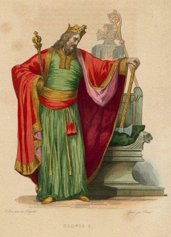 Clovis I (farvet gravering) af French School