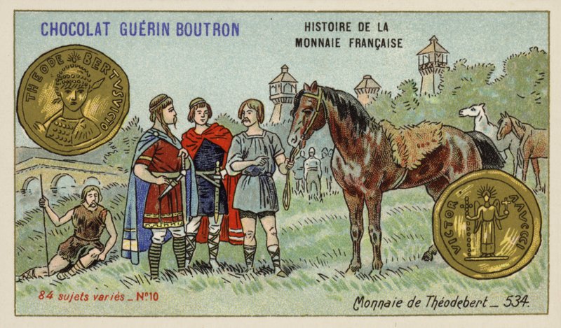 Mønt af Theudebert I, 534 (chromolitho) af French School