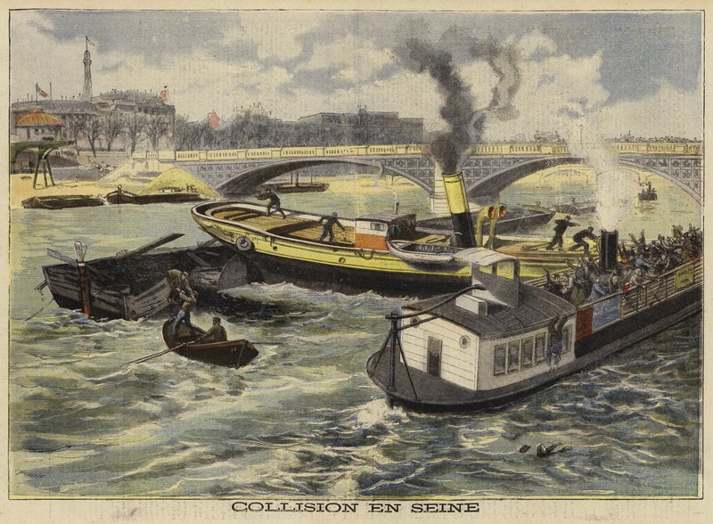 Kollision på floden Seinen, Paris, 1897 af French School