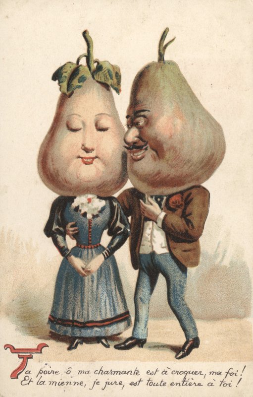 Par med pærehoveder (farve litho) af French School