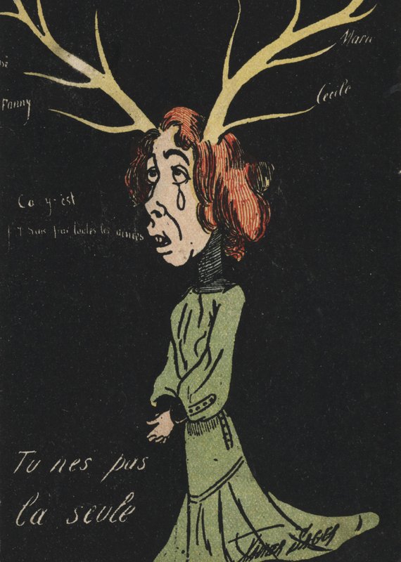 Grædende kvinde med gevirer (farve litho) af French School
