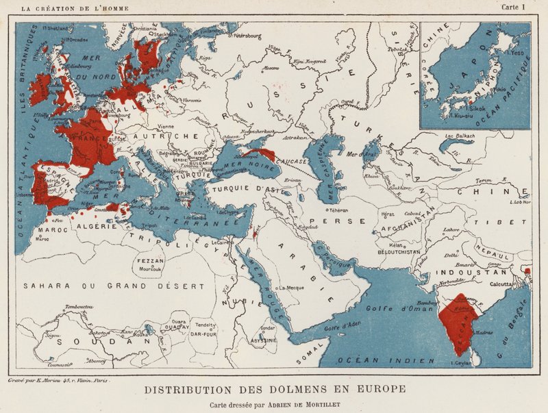 Fordeling af dysser i Europa (farve litho) af French School