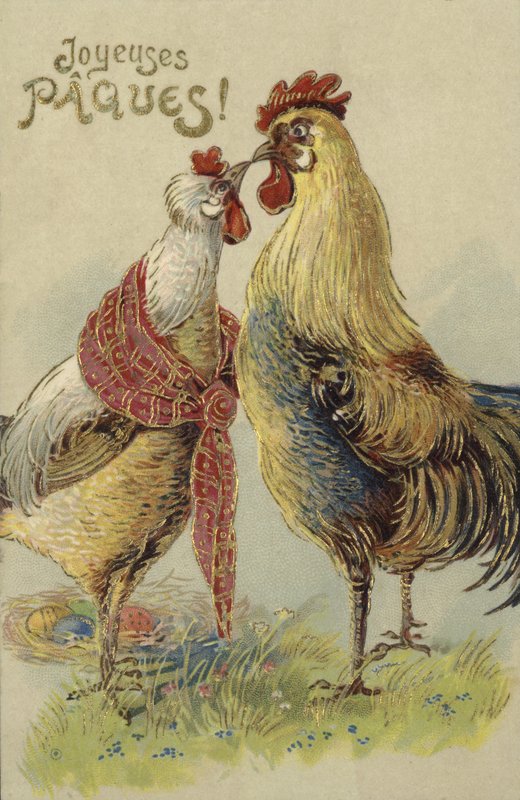 Påskekort med høns (farve litho) af French School