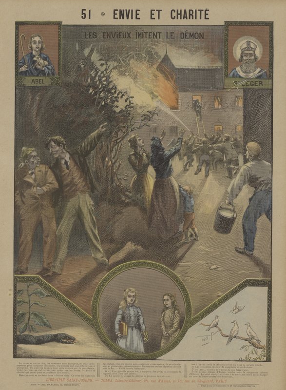 Misundelse og næstekærlighed (farve litho) af French School