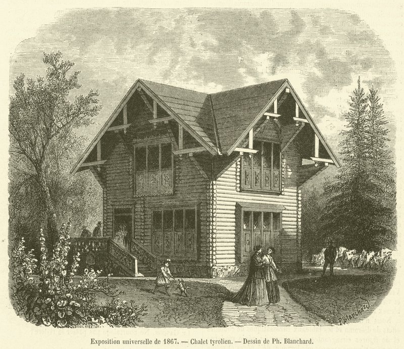 Verdensudstilling fra 1867, tyrolerhytte (gravering) af French School
